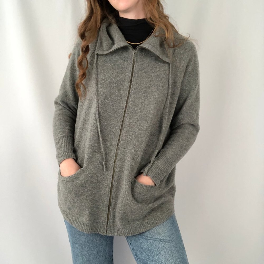 Eileen Fisher 100% Wool Oversized Knit Zip Cowl Cocoon Cardigan Sweater Jacket - Picture 3 of 7
